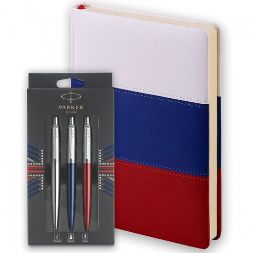 Набор Parker Jotter London Trio: гелевая ручка Red CT + шариковая ручка Blue CT + карандаш Stainless Steel CT и ежедневника триколор в Самаре